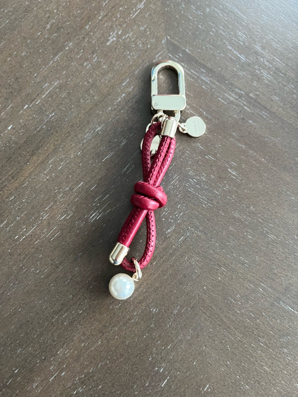 kate spade Red Leather Knot Keychain with Pearl Charm and Gold Hardware